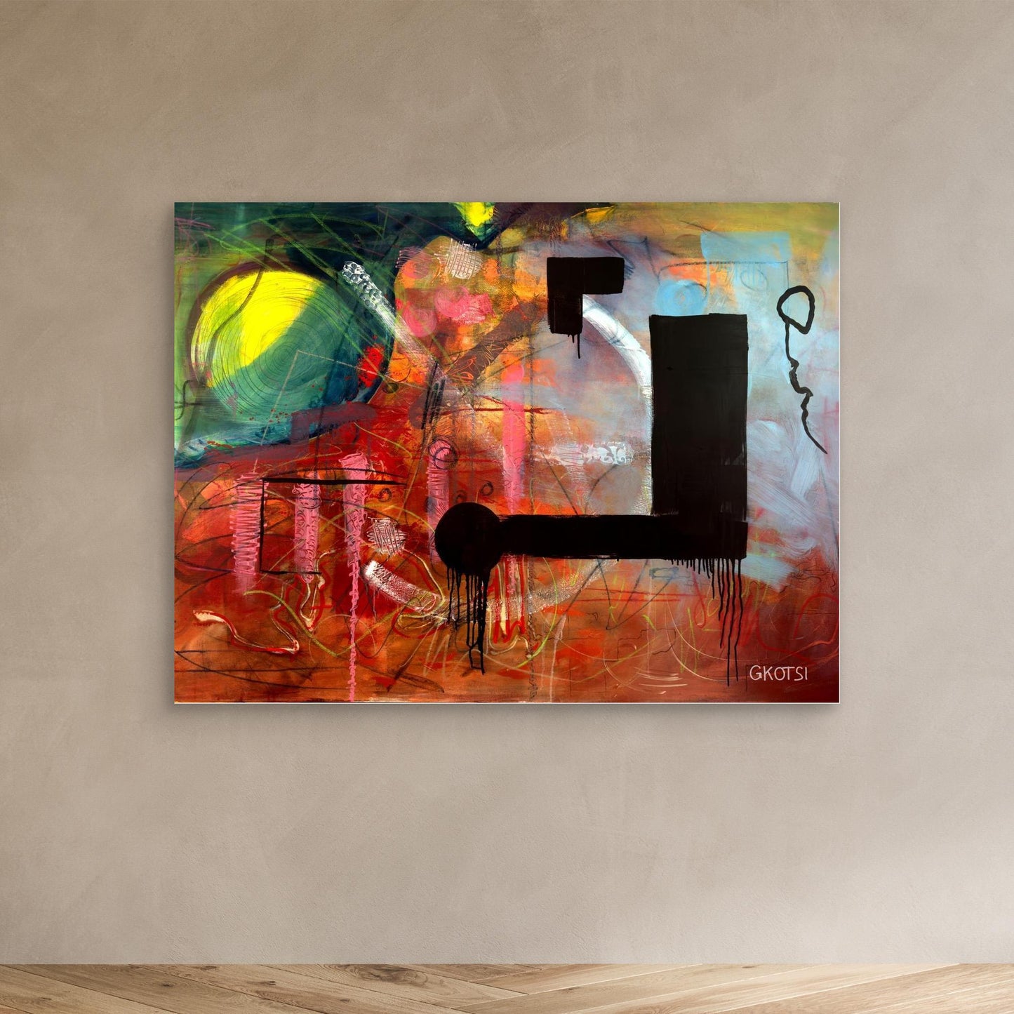 NOT ABOUT Abstract Canvas Print displayed on modern wall in contemporary room
