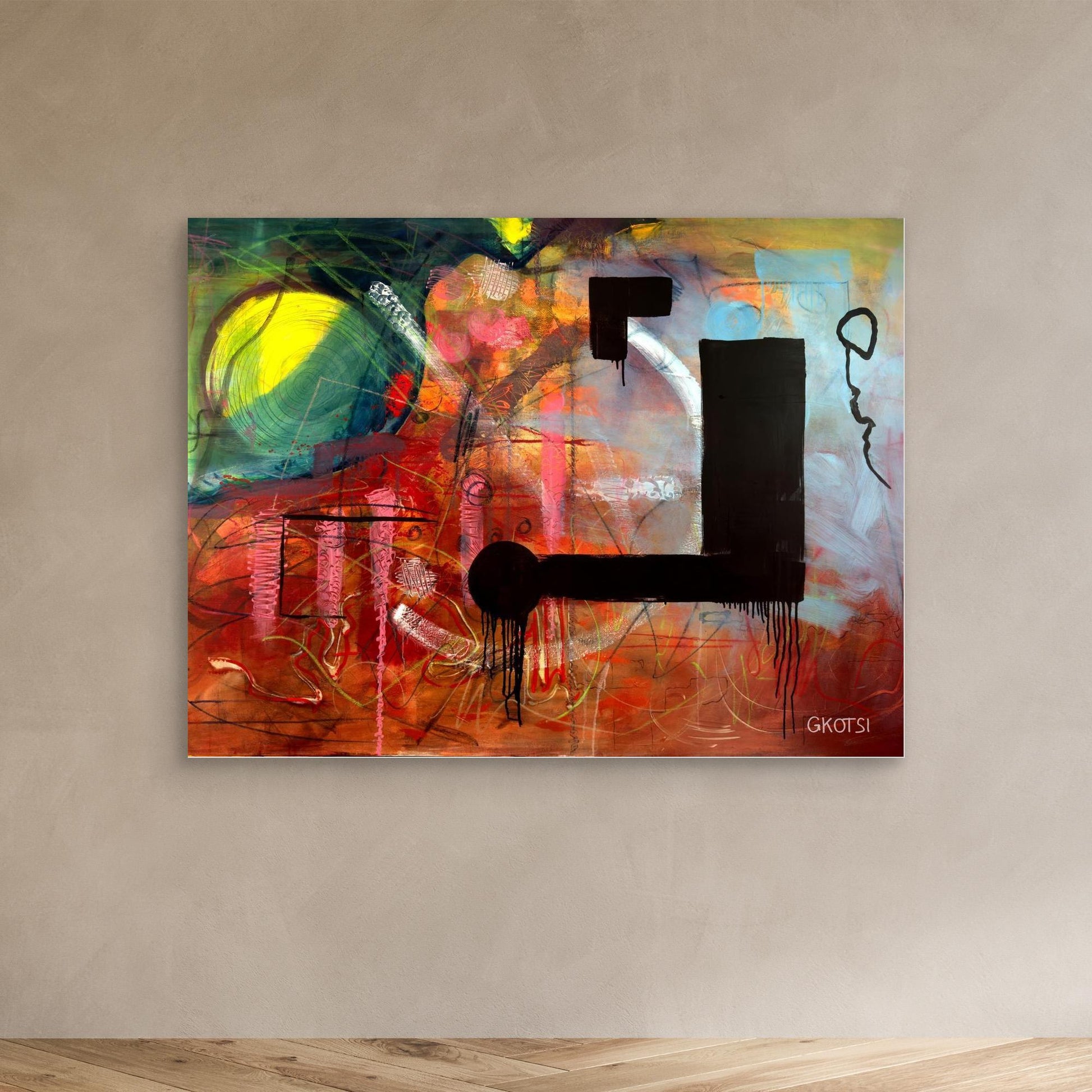 NOT ABOUT Abstract Canvas Print displayed on modern wall in contemporary room