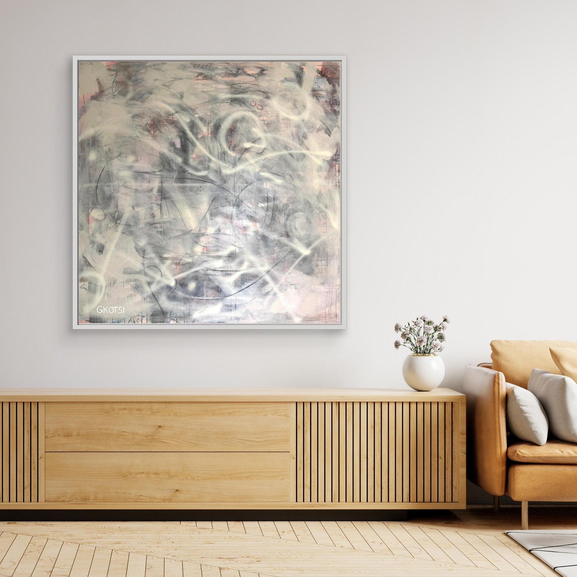CONNECT Print above wooden sideboard with decor - connecting minimalist design elements