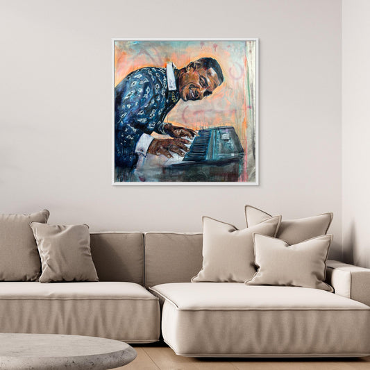 MANOLITO Y SU TRABUCO canvas print mounted above beige sofa in contemporary setting