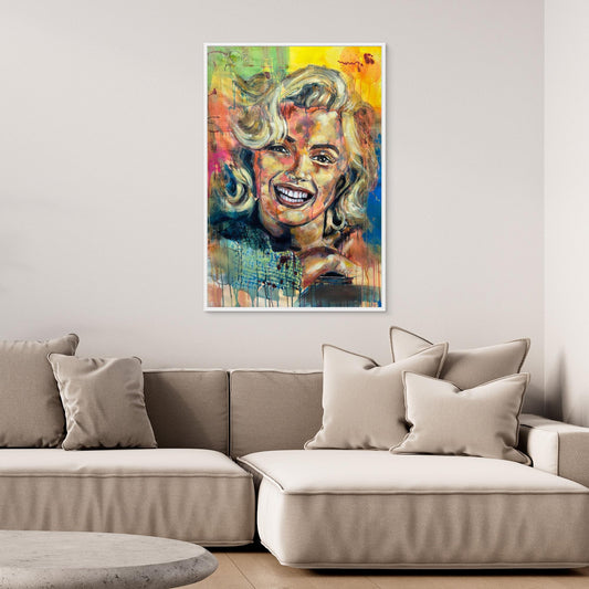 MARILYN MONROE 2 canvas print mounted above beige sofa in contemporary setting