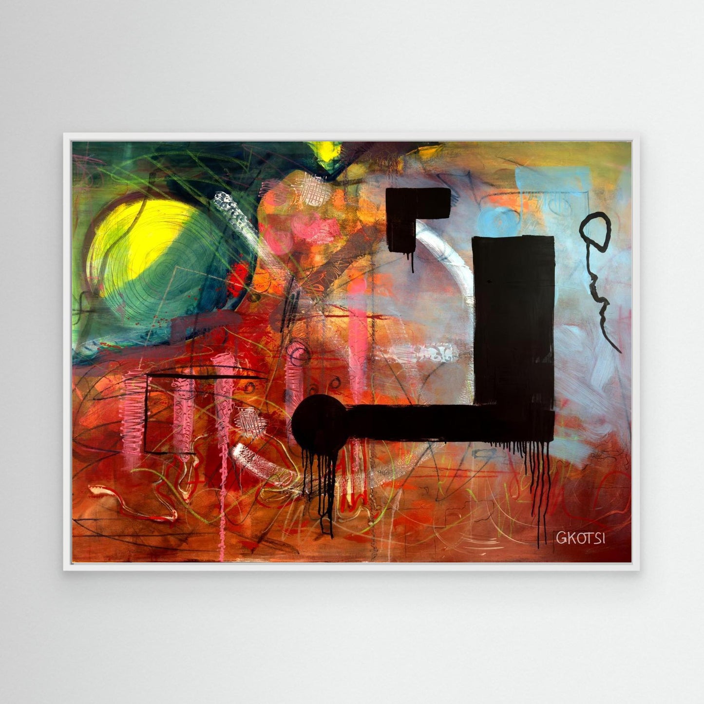 NOT ABOUT Abstract Canvas Print with white frame displayed on modern white wall 