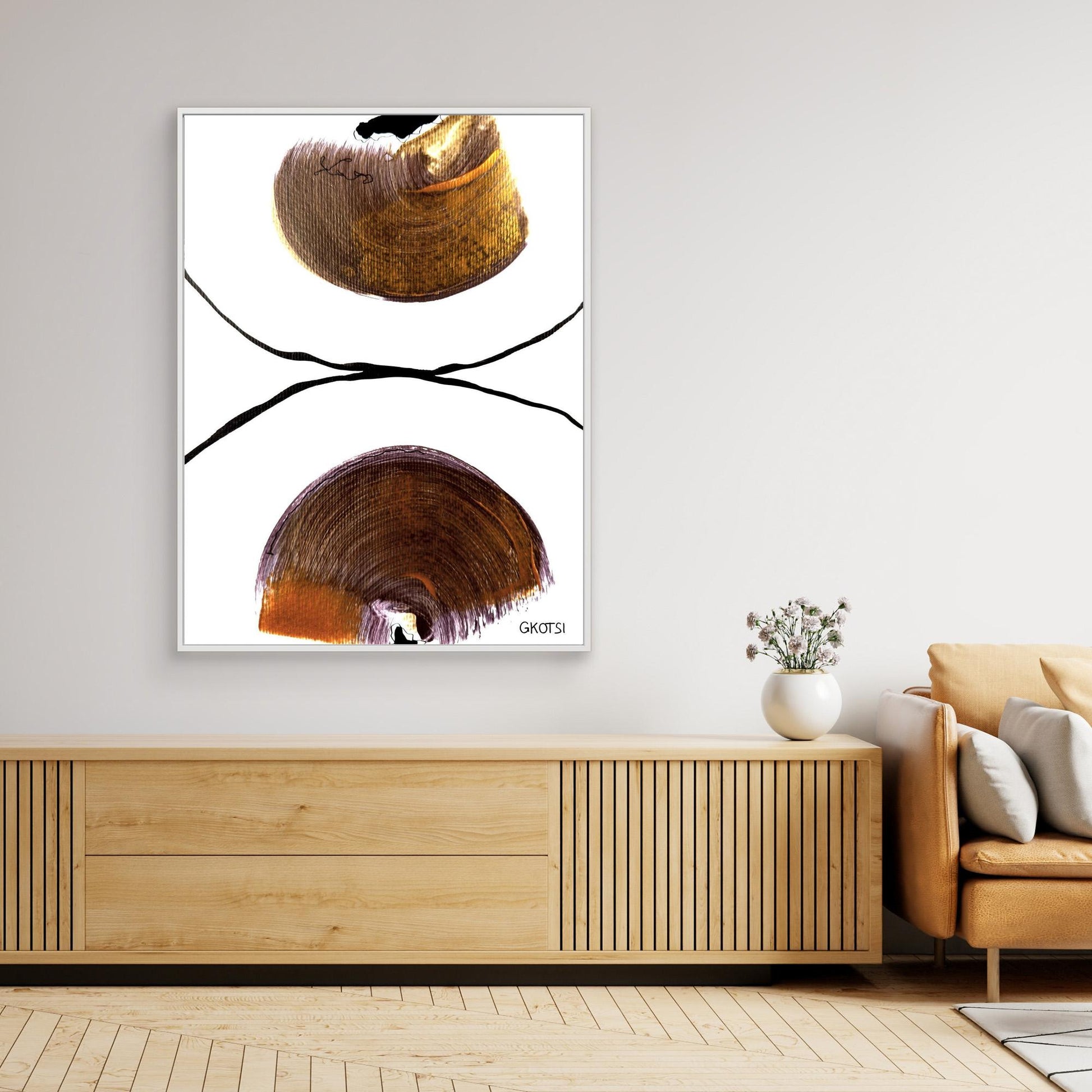 DIE HÄLFTE abstract canvas print above white dresser with decor