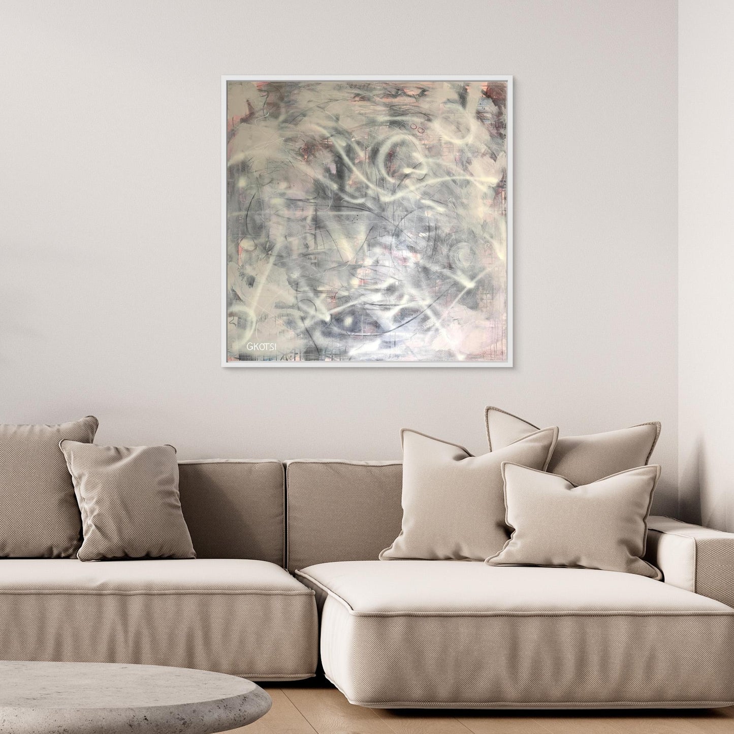 CONNECT Print above modern sofa in harmonious living room - connecting wall art for peaceful spaces