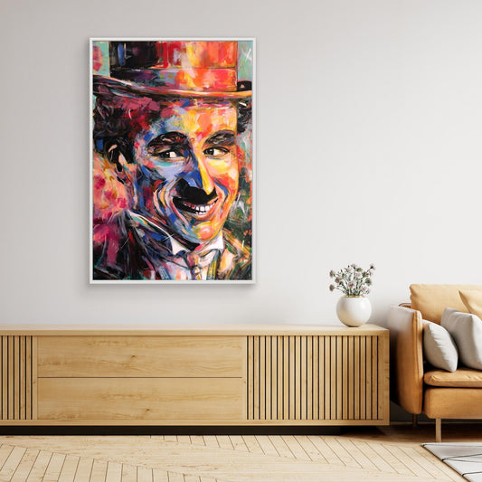 CHARLIE CHAPLIN canvas print with white frame hanging above sideboard 
