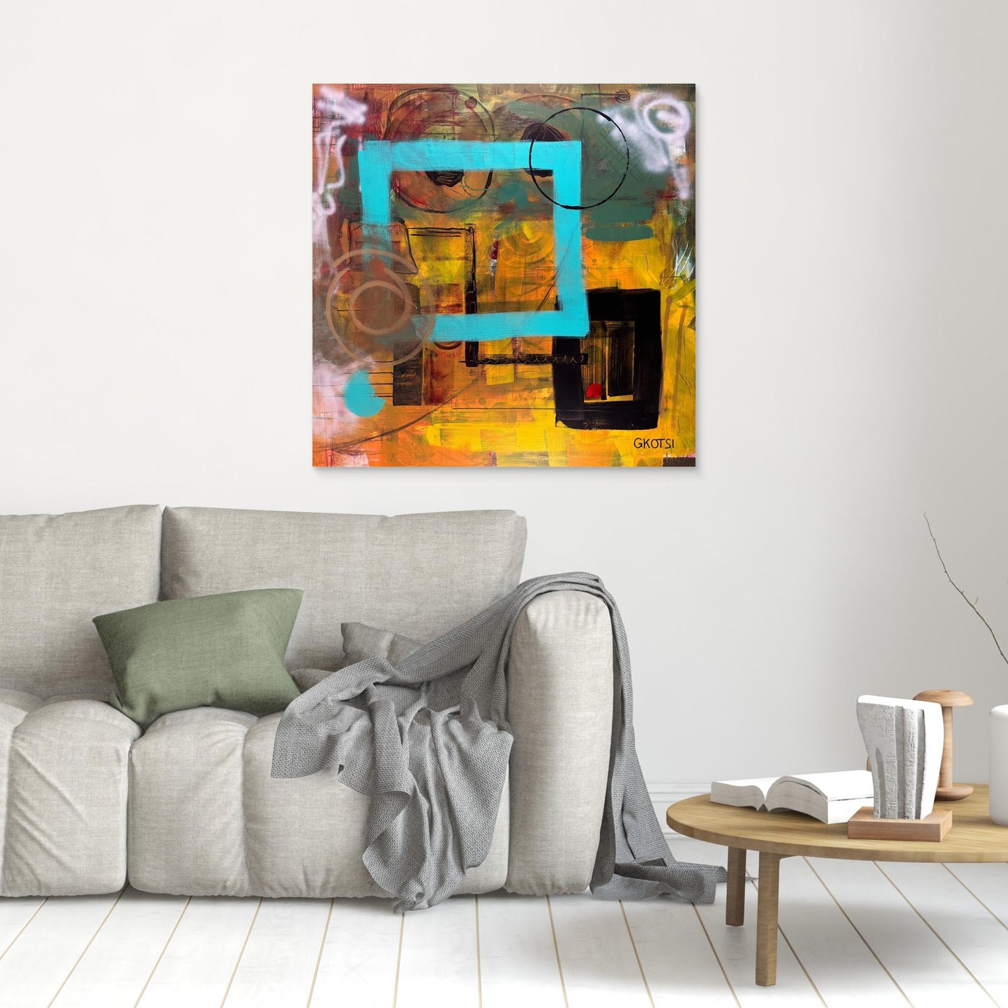 CLEAR IT Print as focal point above gray sofa - living room wall decoration