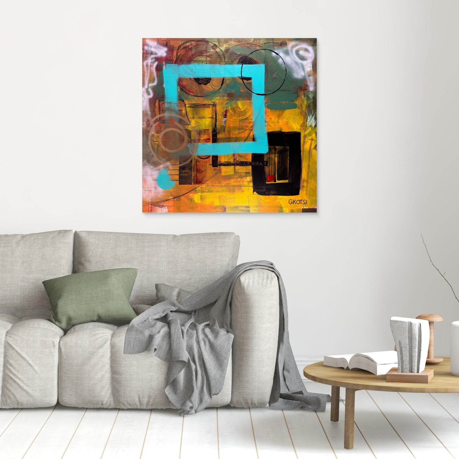 CLEAR IT Print as focal point above gray sofa - living room wall decoration