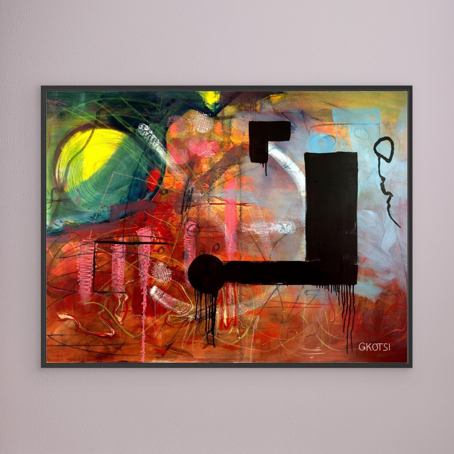 NOT ABOUT Abstract Canvas Print with black frame displayed on modern gray wall 