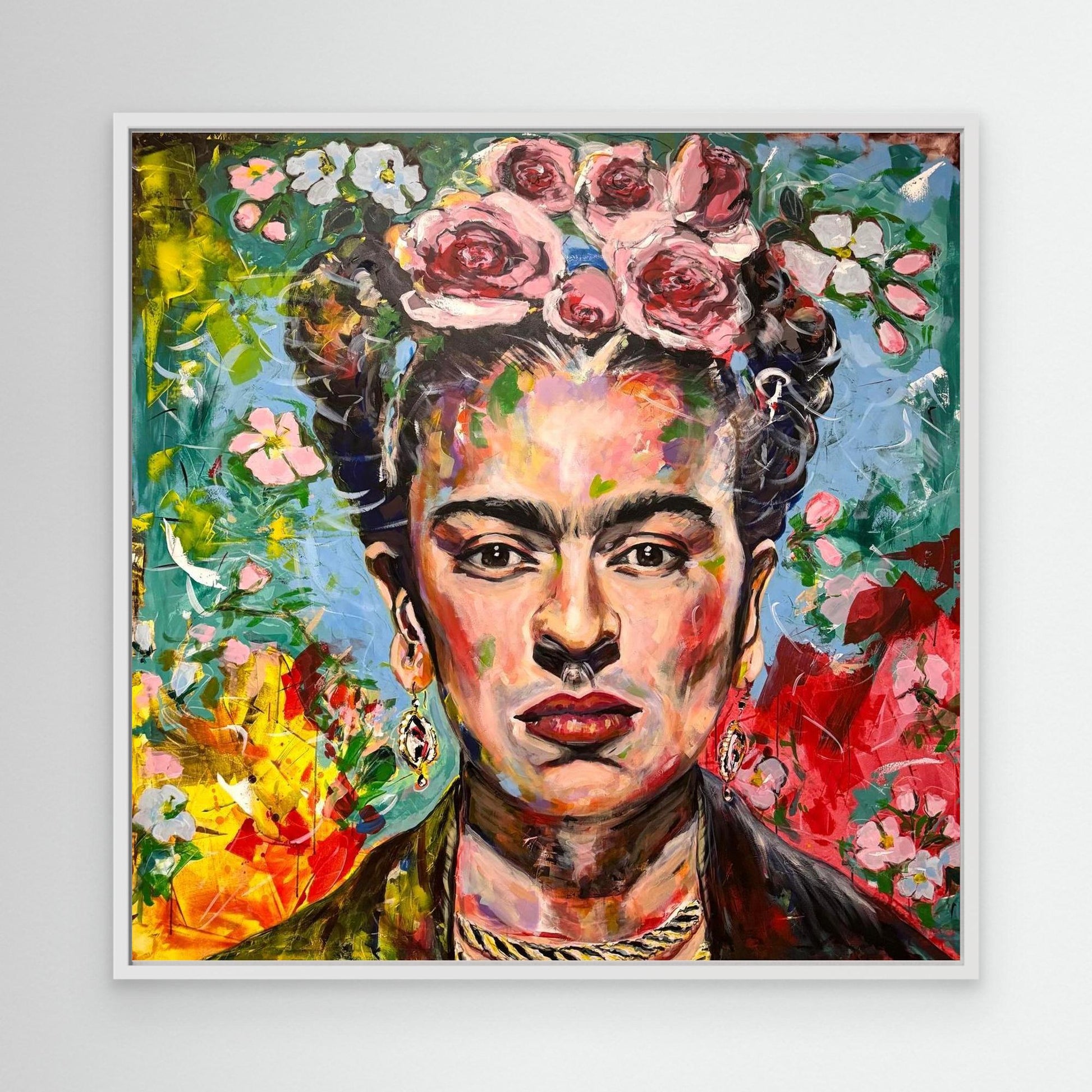 FRIDA KAHLO 1 Canvas Printwith white frame displayed on modern white wall