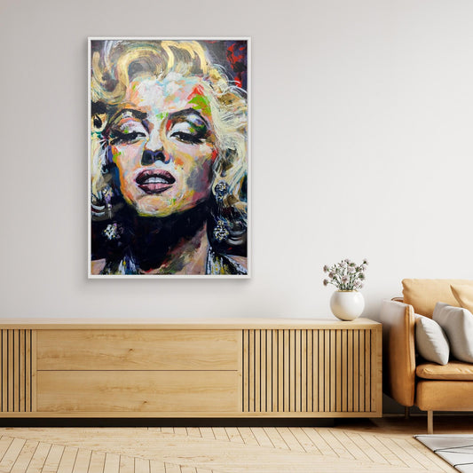 MARILYN MONROE 1 canvas print with white frame hanging above bedroom sideboard

