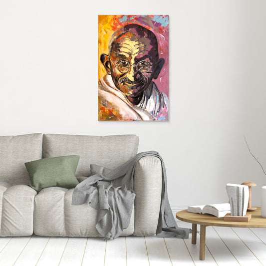 GANDHI portrait print displayed above sofa