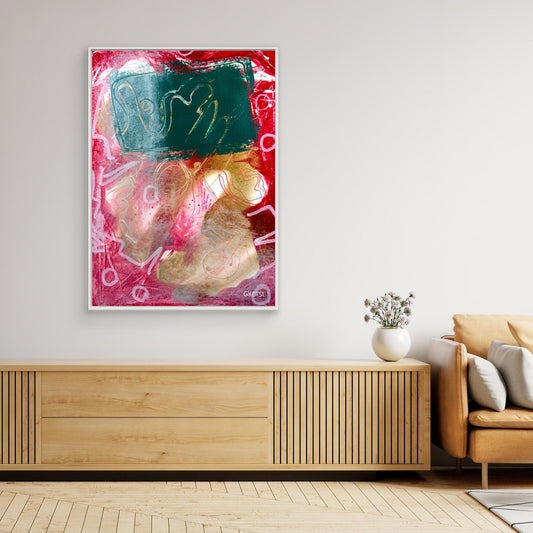 KECKSE KECKSE Abstract Canvas Print hanging over console table with small plant 