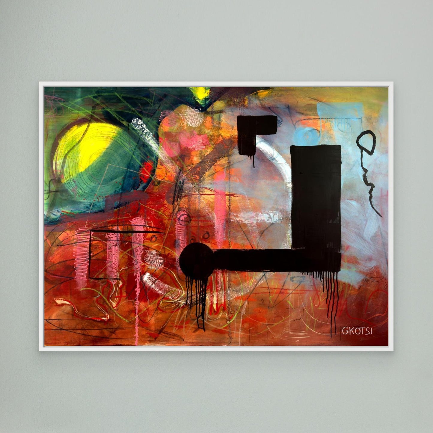 NOT ABOUT Abstract Canvas Print with white frame displayed on modern gray wall 