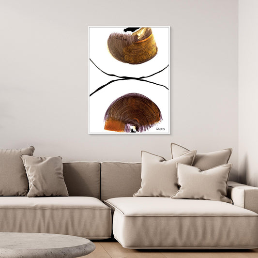 DIE HÄLFTE abstract canvas print above modern sofa in contemporary living room