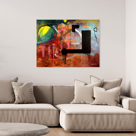 NOT ABOUT Abstract Canvas Print hanging above beige sofa in stylish interior setting