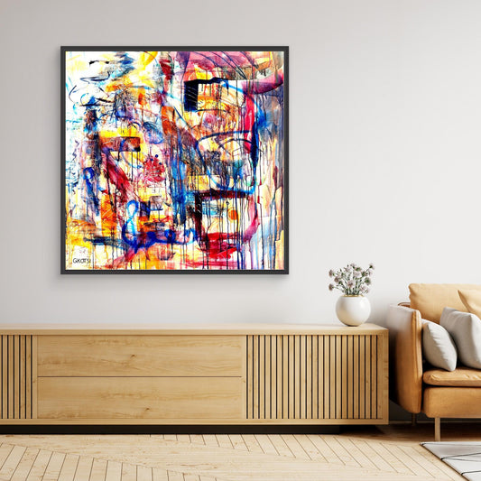 DISTRACTION Print above wooden sideboard with decor - fun minimalist design accent